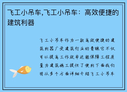 飞工小吊车,飞工小吊车：高效便捷的建筑利器